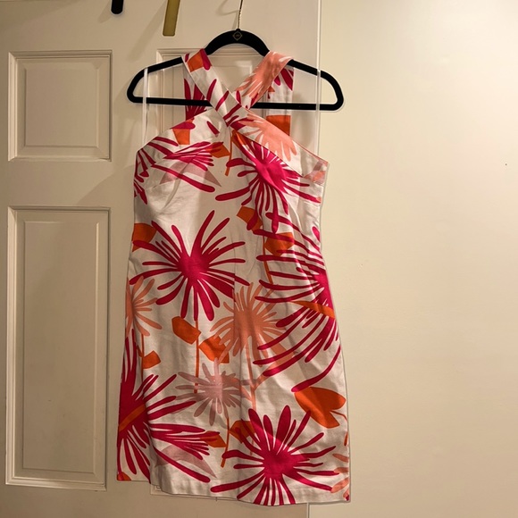 Size 8 sundress. NWOT. Tropical flower in white, pinks, and orange. - Picture 2 of 5